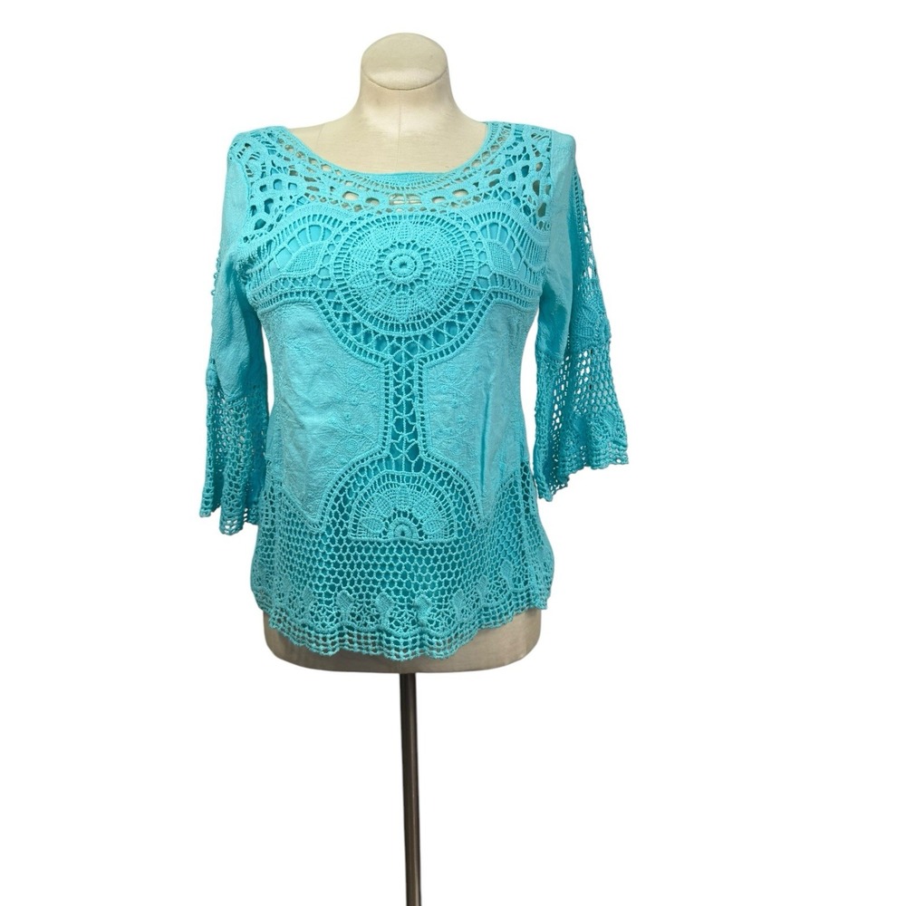 Women's Vicki Wayne Blue Crocheted Top W/cami Petite M Preowned Boho 3/4 Sleeve